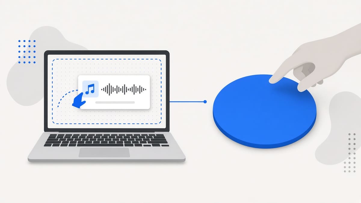 An audio file card being dragged into a dotted drop area, with a round tap pad waiting beside it as the other way to start
